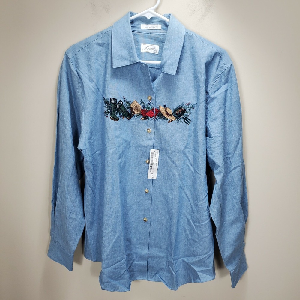 Foxcroft blue button up with garden embroidery print womens sz 12 NWT